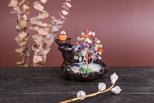 Jovivi Backflow Incense Holder with 7 Chakras Crystal Tree,Waterfall Incense Burner, Ceramic Lotus Fishes Backflow Incense Holder Set,Zen Decor Yoga Meditation, Home Desk Decor
