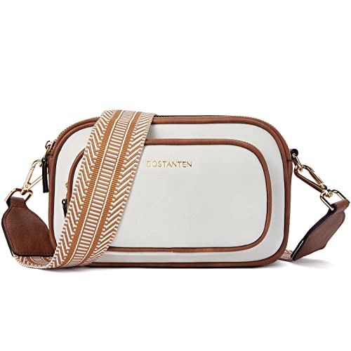 BOSTANTEN Crossbody Bags for Women Leather Cell Phone Purse Shoulder Handbags with Wide Strap Beige with Brown