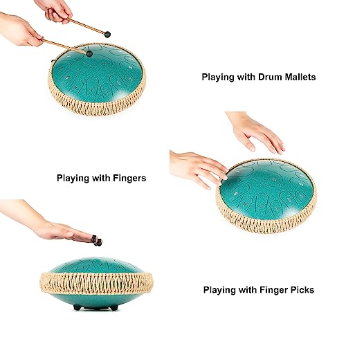 HOPWELL Steel Tongue Drum - 13 Inches 15 Notes Tongue Drum - Hand Pan Drum with Music Book, Handpan Drums Mallets and Carry Bag, D Major (Malachite Green)