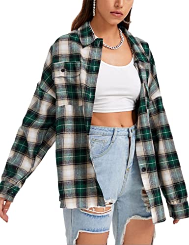 Zontroldy Flannel Shirts for Women Oversized Buffalo Plaid Button Down Long Sleeve Flannels Shirt Blouse Tops(0396-Green-S)