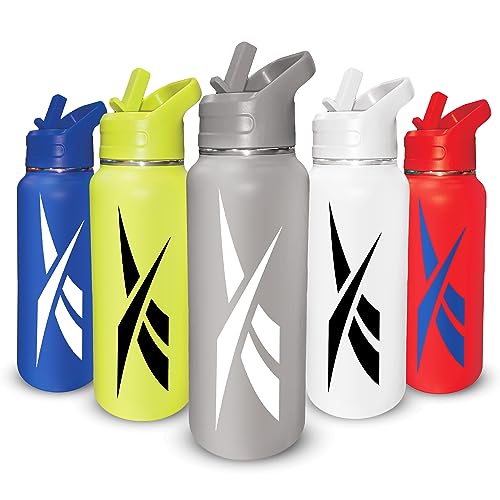 Reebok Stainless Steel Water Bottle With Straw Cap & Athletic Design - 32 oz - Double Wall Vacuum Insulated Sports Water Bottle With Straw, BPA Free (Grey with White Vector)