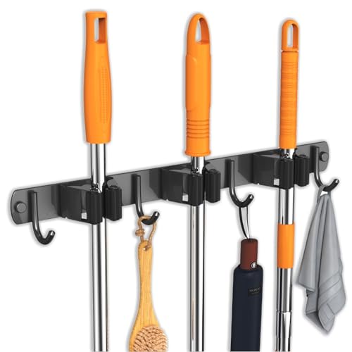 CUXIXA Mop and Broom Holder Wall Mount, Upgraded Broom Organizer Wall Mount, Stainless Steel Broom Hanger Wall Mount for Kitchen Garden Laundry Room Decor (3 Racks with 4 Hooks Black)