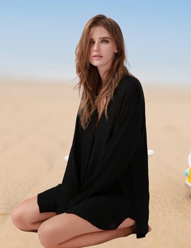 TOUSYEA Sleep Shirts for Women Button Down Shirts Long Sleeve Sleepwear Swimsuit Cover Ups Soft Pajama Tops White L