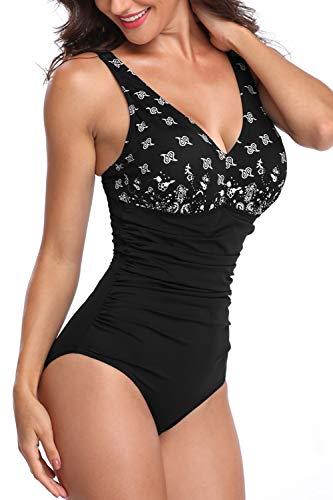 PERONA Women's One Piece Swimsuit Tummy Control V Neck Bathing Suit Vintage Printed Swimwear Pink
