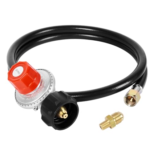 SHINESTAR 0-20 PSI Adjustable Propane Regulator and Hose with Brass Adapter, 4 Feet Gas Burner Hose Replacement for Turkey Fryer, Fish Cooker, Fire Pit, Forge and more
