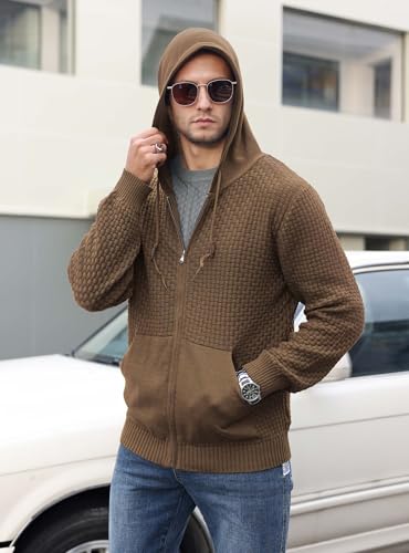 Zaitun Men's Full Zip Up Hooded Cardigan Sweater with Pockets Brown