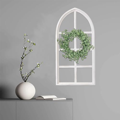 Sintosin Farmhouse Arch Window Frame Wall Decor 18 X 36 Inches, Hanging Distressed White Rustic Wooden Window Frames for Wall Decor, Cathedral Faux Window for Wall Art Living Room Hallway Entryway