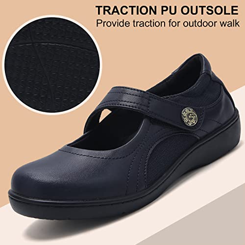 UZB MARY JANE SHOES WOMEN'S MEMORY FOAM ORTHOPEDIC OFFICE & WORK SHOES - NON SLIP CASUAL FLATS WITH HOOK AND LOOP CLOSURE, NAVY, 6 US