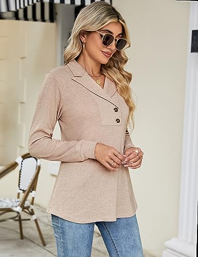 Micoson Women's Casul Long Shirts To Wear With Leggings Lapel V Neck Pullover Cotton Tunics to Wear with Leggings Ladies Tops Navy Blue L