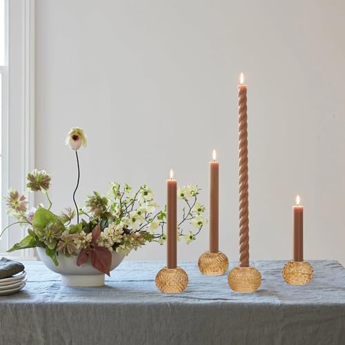 Vixdonos Round Glass Candlestick Holders Set of 4 Beads and Stripes Candle Holder Bulk for Taper Candle and Tealight Candle