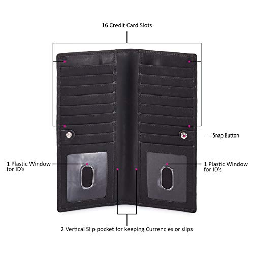 Long Wallet for Men Women Real Leather Bifold RFID Stylish Slim Handmade 2 ID Window Credit Card Holder in Gift Box (Black, Crazy Horse)