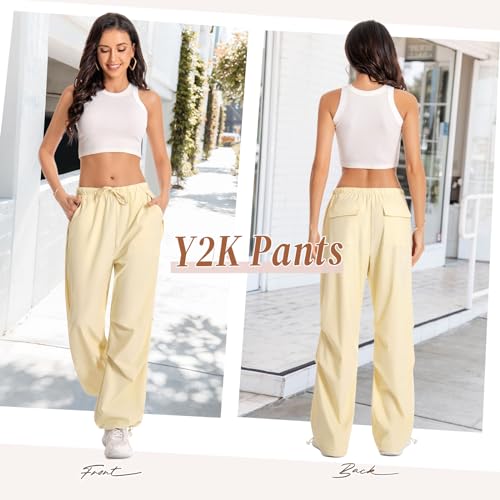 Chuhee Parachute Pants for Woman Baggy Cargo Pants Drawstring Elastic Waist Y2K Causal Trousers with Pockets Army Green S