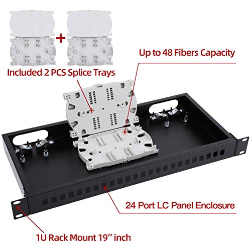 19" Rack Mount Enclosure Fiber Optic Box Fits Racks Cabinet 1U LGX Loaded Patch Panel - Include 2Pcs Splice Trays Maximum Capacity 48 Fibers
