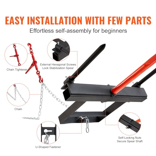 VEVOR 39" Hay Spear, Bale Spears 1600lbs Loading Capacity, Skid Steer Loader Tractor Bucket Attachment with 2pcs 17.5" Stabilizer Spears and 60" Chain, Quick Attach Spike Forks