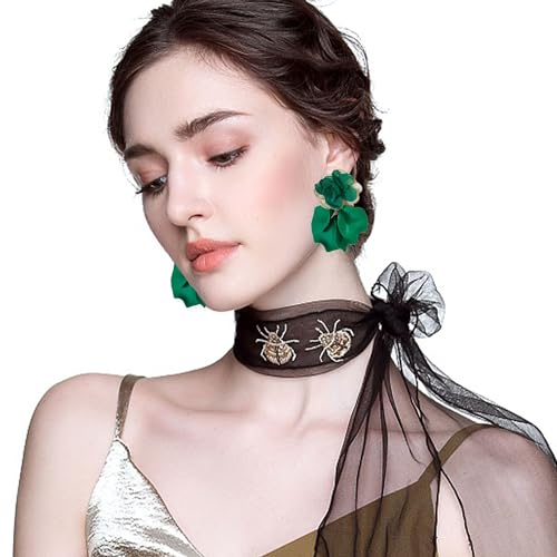 GUOXIAOMEI Chiffon Acrylic Rose Petal Earrings Dangle Exaggerated Flower Earrings Drop Statement Floral Tassel Light Weight Earrings Valentine's Day Gift (Green)