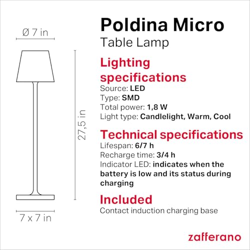 Zafferano, Poldina Micro Lamp with Glossy Gold Finish, Rechargeable Cordless Table Lamp with Touch Controls, Usable as an Indoor Lamp, Dimmer, 2200-3000 K, Height 10.8 Inches
