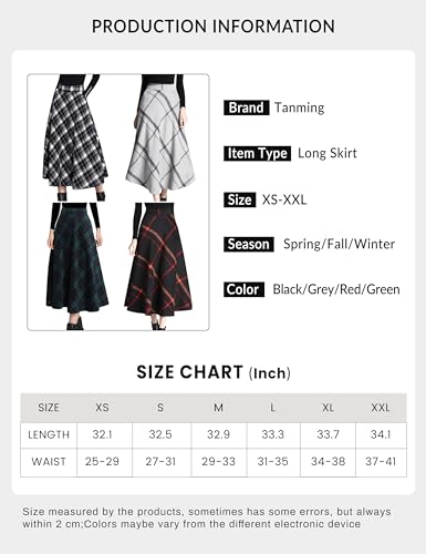 Tanming Women's Winter Warm Elastic Waist Wool Plaid A-Line Pleated Long Skirt (Black2-XS)