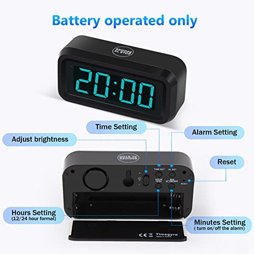 Timegyro Digital Alarm Clock Battery Operated with LED Display for Bedrooms, Long Battery Life, 3 Brightness Adjustable, 12/24 Hour, Snooze, Black Case with Blue Digits