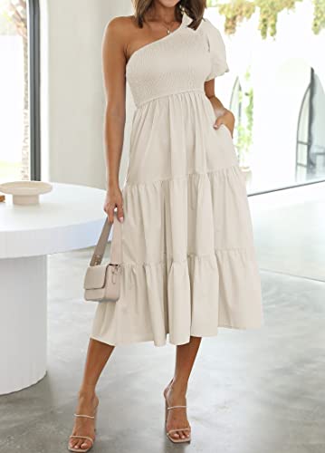 ZESICA Women's 2024 Boho Summer One Shoulder Short Sleeve Smocked Side Split Ruffle Swing Midi Dress White