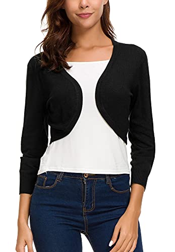 Women's Lightweight Knit Cropped Cardigan 3/4 Sleeve V-Neck Open Front Bolero Shrug for Dresses and Casual Wear (L, Apricot)