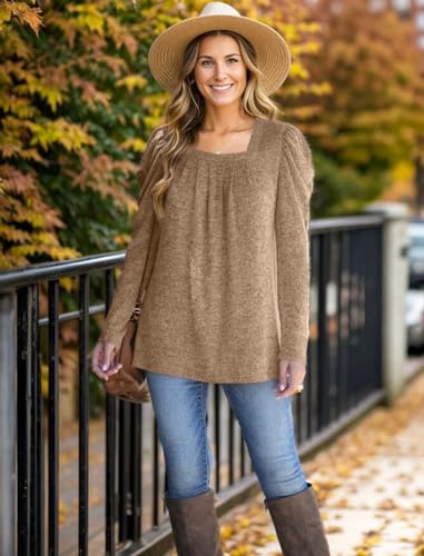 Fall Sweatshirts for Women 2024 Trendy Puff Sleeve Long Sleeve Shirts Dressy Red L