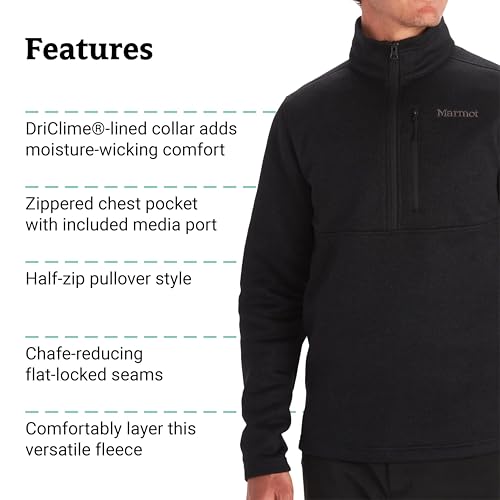 MARMOT Men's Drop Line 1/2 Zip Fleece Jacket, Black, Small
