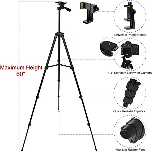 Endurax 60" Phone Tripod for Canon Camera Stand with Universal Phone Mount & Remote Shutter Max Load 6.6 lb, No Quick Release Plate, Black