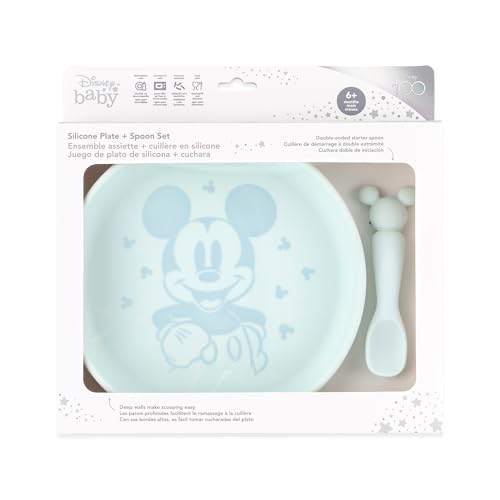 Bumkins Disney Baby and Toddler Plate and Spoon Set, Silicone Dish for Babies and Kids, Baby Led Weaning, Children Feeding Supplies, Microwave Safe, Platinum Silicone, Ages 6 Months Up, Mickey Mouse