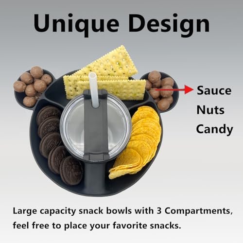YAYAYOUNG Cute Bear Snack Bowl For Stanley 40 oz Tumbler Cups with Handle,Silicone Reusable Snack Tray Cups For Stanley Simple Modern,Charcuterie Cups with 3 Compartments,stanley accessories,Black