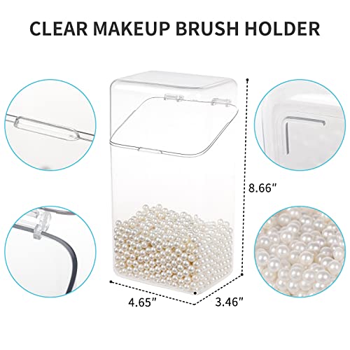 Yesesion Makeup Brush Holder with White Pearls, Clear Cosmetics Brushes Organizer with Lid, Large Capacity Storage Box for Vanity, Bathroom Counter, Dresser, Hair Accessories Organizer for Girls