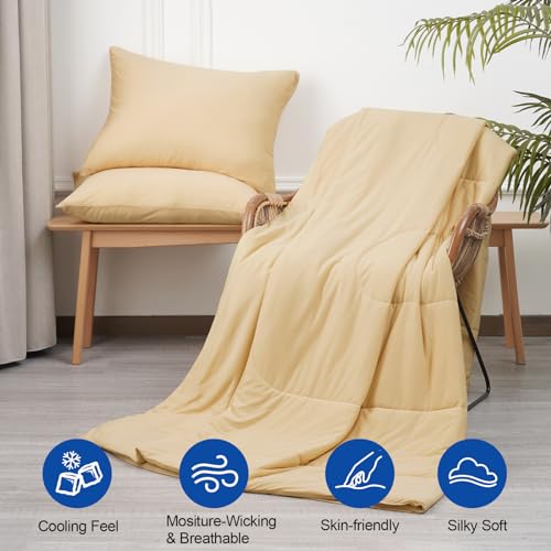PHF Cooling Comforter Set Queen Size, 3PCS Soft Breathable Lightweight Summer Bedding Set for Hot Sleepers, Silk Smooth Double-Side Cooling Bed Set with 1 Comforter and 2 Pillowcases, Beige