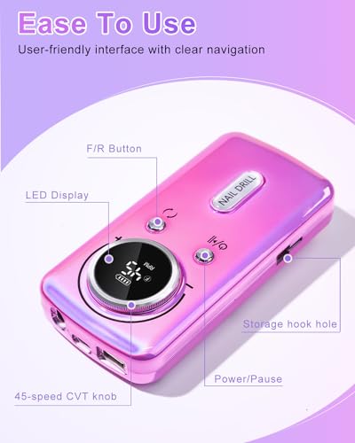CozyZen Cordless Nail Drill Professional: 45000 RPM Rechargeable Electric Nail File Kit, Portable & Low Noise for Acrylic, Gel Nails, Manicure & Pedicure - Salon & Home Use