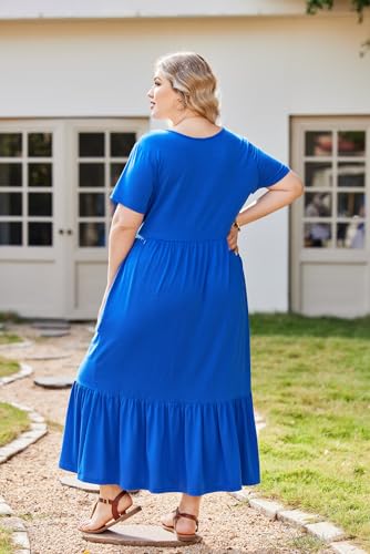 IN'VOLAND Plus Size Womens Summer Casual Short Sleeve Crewneck Swing Dress Flowy Tiered Maxi Beach Dress with Pockets Green
