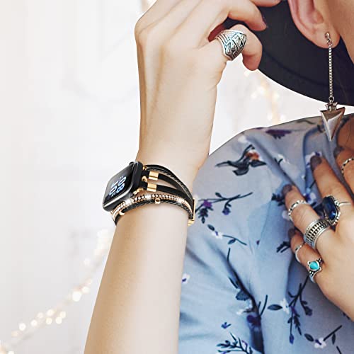 ACEDAX Bracelet Work for Apple Watch Bands 40mm Women, Boho Chic Leather Strap Compatible for apple watch band 38mm/41mm with Gold Metal Buckle, Multilayer Wrap for iWatch Series 8 7 6 SE 5 4 3 Black