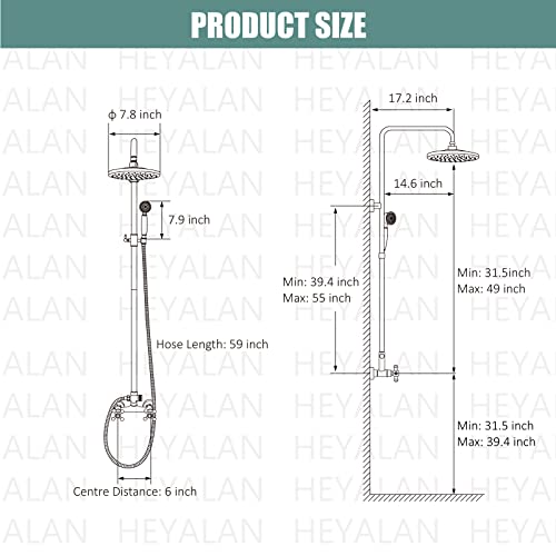 Dual Functions Exposed Pipe Shower System Round 8 Inch Rainfall Shower Head Brass Fixture Combo Set Two Handles Bathroom Shower Faucet Adjustable Showerhead Bar,Antique Brass
