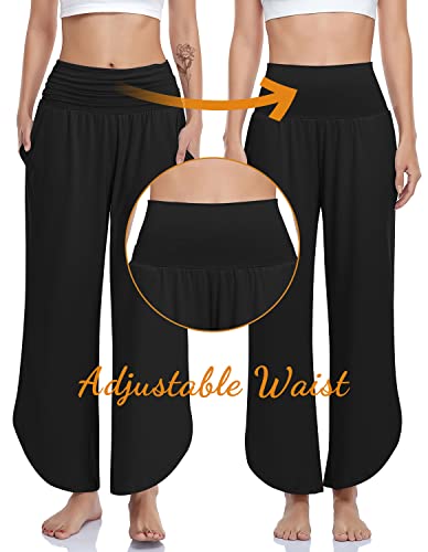 UEU Women's Wide Leg Yoga Pants High Waisted Comfy Dance Sweatpants Loose Casual Soft Lounge Joggers with Pockets (Tie Dye Black Blue, M)