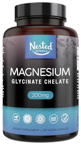 Nested Naturals Magnesium Glycinate Chelate - Magnesium Supplement for Muscle Cramps, Relaxation, & Sleep Support - 100% Chelated Albion TRACCS Buffered Magnesium Glycinate 200mg - 120 Vegan Capsules