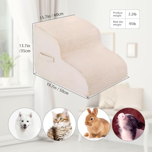 High Density Foam Dog Stairs Steps, 13.7’’ Non-Slip Extra Wide Deep Pet Steps for Beds Or Couches, for Injured or Older Pets Dogs and Cats with Joint Pain, 2-Tiers (Beige)