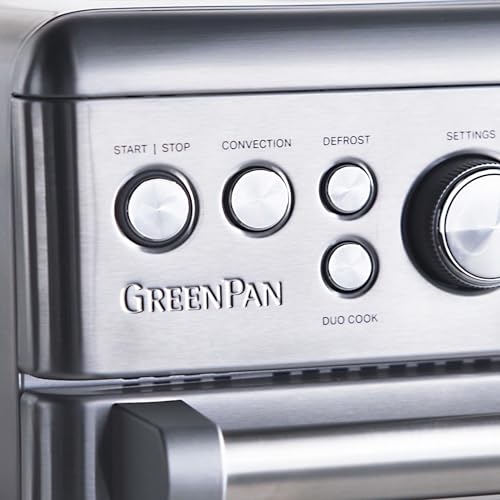 GreenPan 13-in-1 Elite Countertop Convection Oven and Air Fryer, PFOA and PFAS-Free Ceramic Tray and Pizza Pan, Adjustable Racks, Multifunction Presets, Toaster, Bake Broil Roast, Stainless Steel