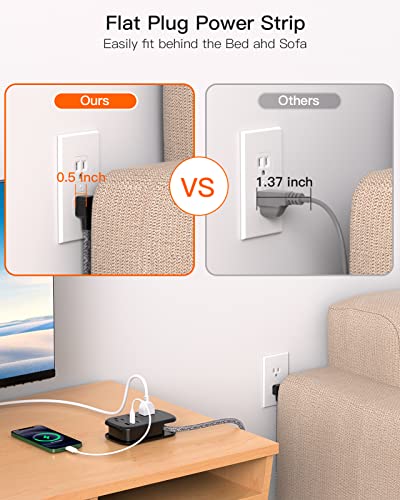 USB C Travel Power Strip, Ultra Flat Extension Cord, Flat Plug Power Strip, 3 Outlets with 3 USB Ports(2 USB C), 3.2ft Wrapped Around Extension Cord for Cruise Ship, Travel Essentials, Black