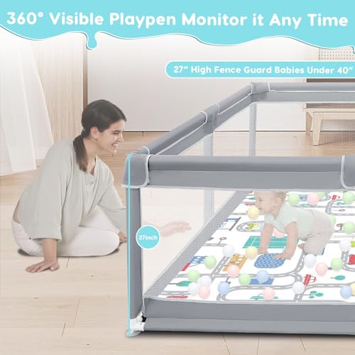 Fshibila 50" ×50" Baby Playpen, Baby Playard for Babies and Toddlers, Baby Fence Play Pens for Indoor & Outdoor, Sturdy Safety Play Yard with Soft Breathable Mesh, Anti-Fall, Grey