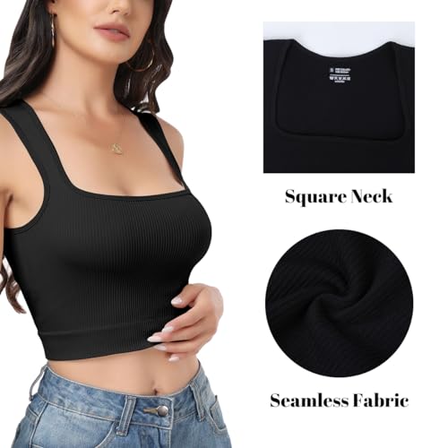 PEIQI Womens Going Out Tank Crop Tops Summer Fashion Outfits Sleeveless Basic Seamless Square Neck Cute Tops Black Small
