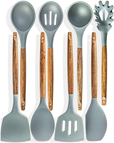 Home Hero 33 Pcs Kitchen Cooking Utensils Set, Non-Stick Silicone Cooking Kitchen Utensils Spatula Set with Holder, Wooden Handle Silicone Kitchen Gadgets Utensil Set (8 Pcs - Gray)