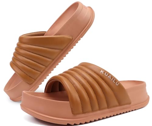 KuaiLu Womens Sandals with Arch Support Orthopedic Slippers Comfortable Lightweight Cushion Recovery Slides Summer Fashion Leather Casual Plantar Fasciitis Shoes Indoor Outdoor Size Black 6