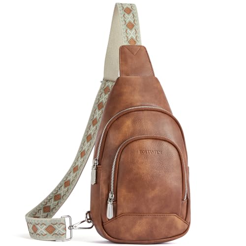 BOSTANTEN Sling Bag for Women Crossbody Purse Cross body Bag Leather Chest Bag with Removable Guitar Strap, Brown