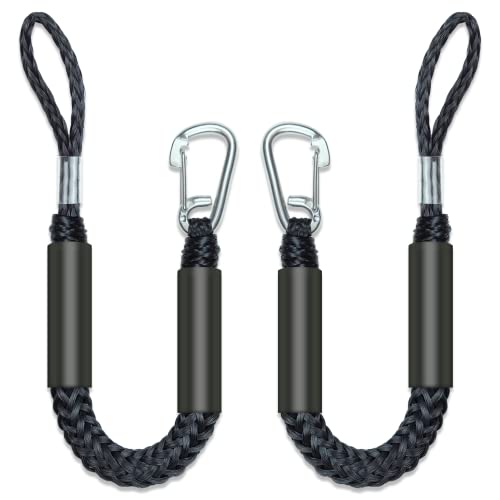 2PCS Fender Lines 2 Feet Premium Bungee Boat Lines with 316 Stainless Clip for Boat Bumper/Boat Fender Boat Accessories for Mooring for Jet Ski, SeaDoo, Yamaha WaveRunner Dinghy (Black, 2 Feet)