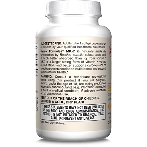 Jarrow Formulas MK-7 90 mcg - Bioactive Form of Vitamin K2 - 120 Servings (Softgels) - For Bone & Cardiovascular Health - Vitamin K2 MK-7 Dietary Supplement - K2 Vitamin Supplement MK-7 - Gluten Free
