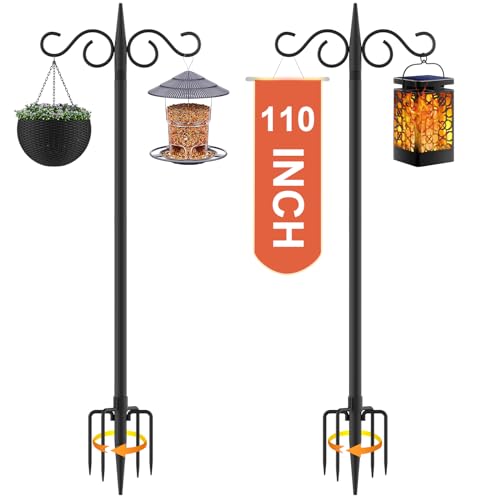 RCUICA Double Shepherds Hooks for Outdoor,2 Pack 110 Inch Bird Feeder Pole with 5 Prongs Base,Heavy Duty Shepherds Hook,Suitable for Garden in Hanging Flower Basket,Lantern,Bird Nests (110 Inch)
