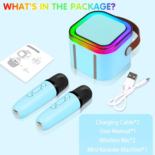 Mini Karaoke Machine for Kids,Portable Bluetooth Speaker with 2 Wireless Microphones for Kids Adults,MP3 Music Player Fun Birthday Gifts for 4-12 Years Teens Colorful Lights Girls Boys (Blue)