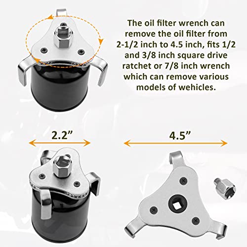 Universal Adjustable Oil Filter Wrench From 2-1/2" to 4.5" Wrench 3 Jaws Oil Filter Wrench Tool Set Remover Socket (Black)